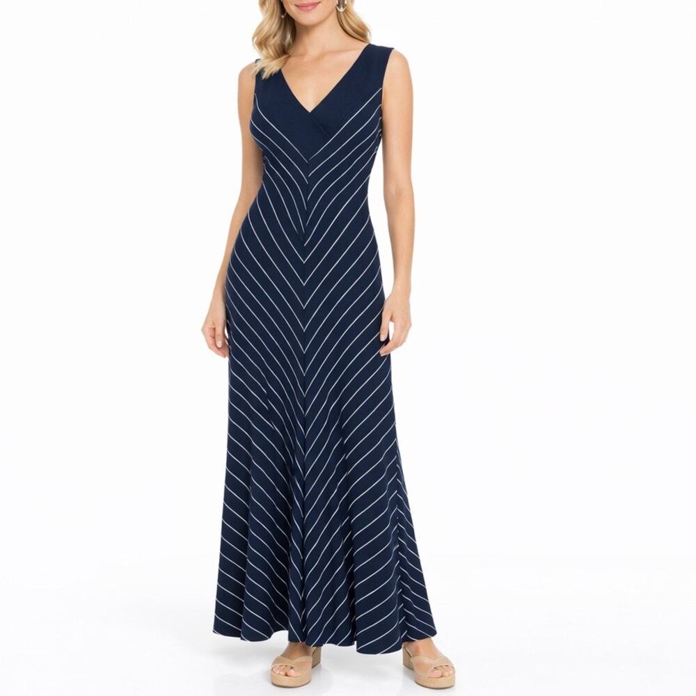 Comfy USA Striped V Neck Maxi Dress Soft Jersey Navy Blue Size XS